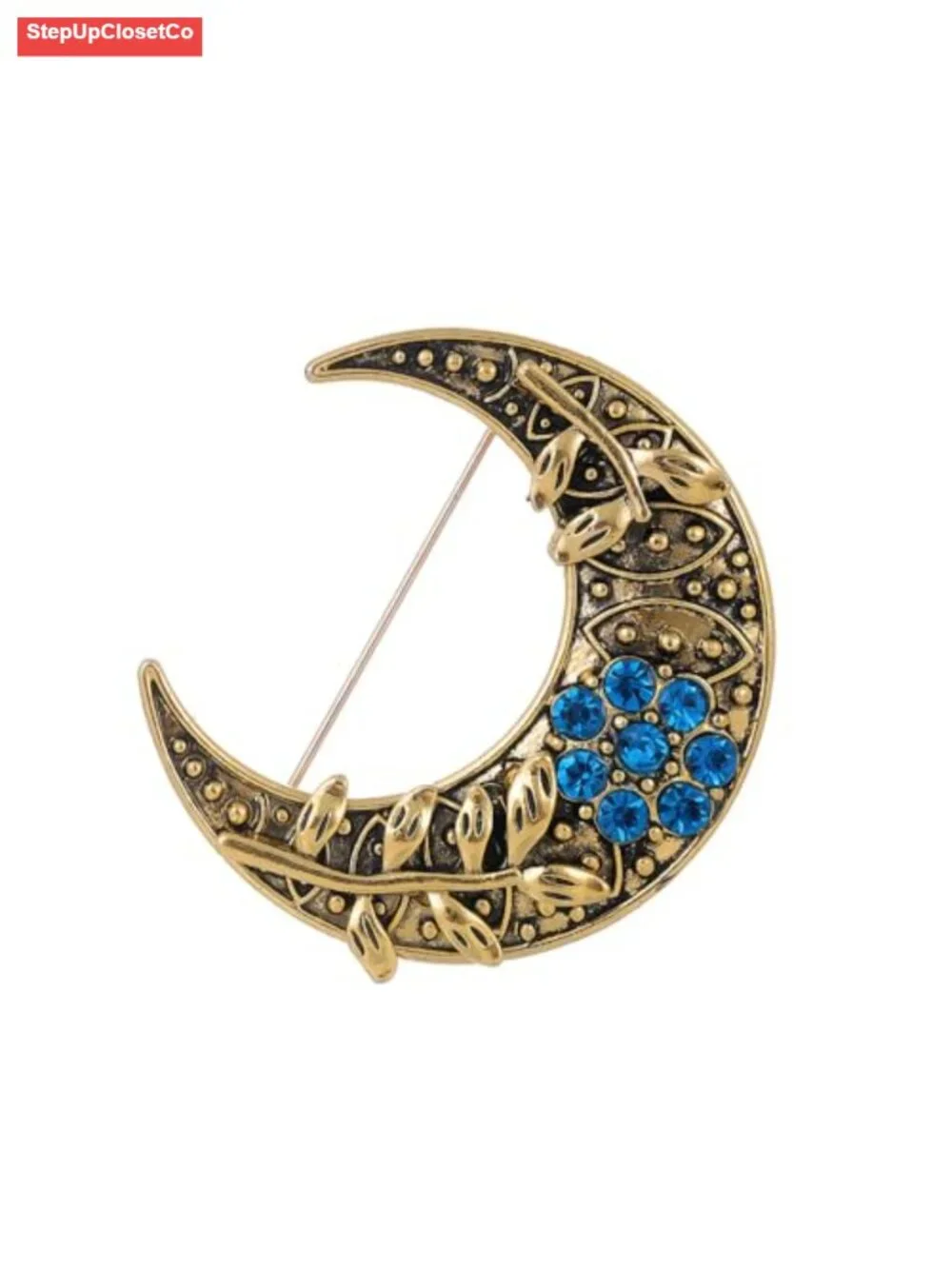 Vintage Moon Brooch Pin Blue Rhinestone Leaf Lapel Pin Clothing Shirt Suit Coat